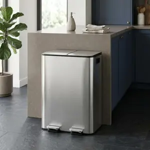 16 Gallon Dual Compartment Trash Can, 60L Step Kitchen Garbage & Recycle Bin Combo with Odor Filter, Soft-Close Lid, 2x8 Gal Buckets, Fingerprint-Resistant, Silver