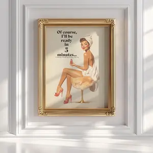 Funny Bathroom Print Unique Retro Vintage Wall Art 70s Bedroom Poster Trendy Aesthetic Digital Black beige Pin Up Girly Teenage Room Decor Poster ( PRODUCT DOES NOT INCLUDE FRAME )