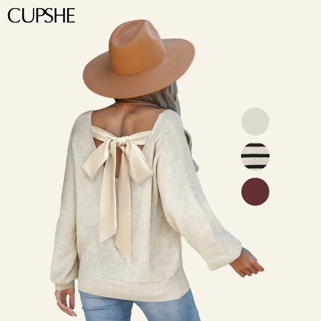 CUPSHE Women's Striped Oversized Knitwear, V-Neck Long Sleeve Acrylic Knit Sweater Tops with Large Bow Detail, Casual Wear, Loose-Fitting