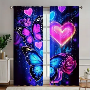 2 Piece Set Romantic Butterfly Print Knitted Polyester Curtains, Rod Pocket Curtains for Kitchen Office Bedroom Living Room Cafe Vacation Home