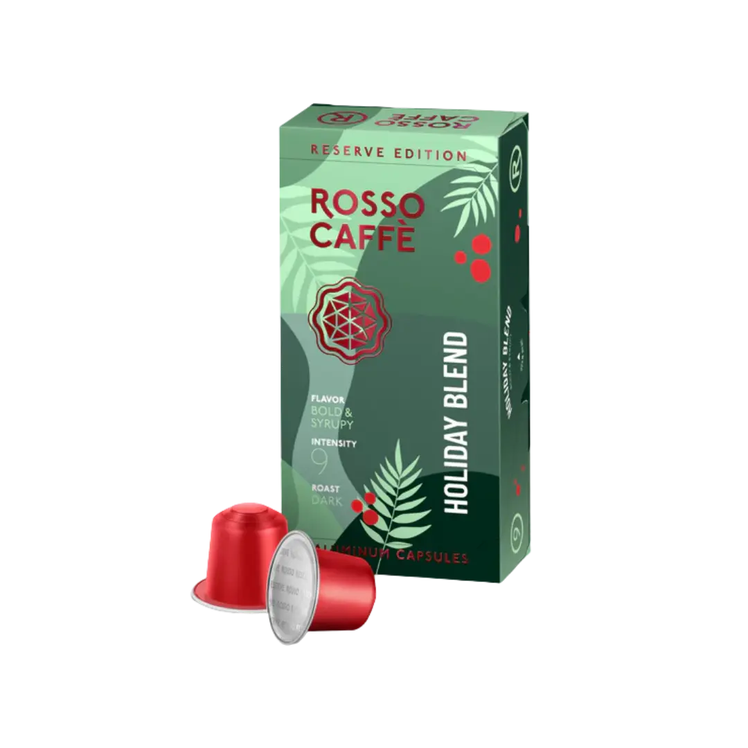 ROSSO CAFFE Holiday Blend Reserve Edition 10 Capsules Dark Roast Aluminum Coffee Pods for Rich & Hearty Sips