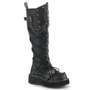 Demonia Emily-221 Women's Knee High Boots with Ornamental Side Lacing and Skull Knocker