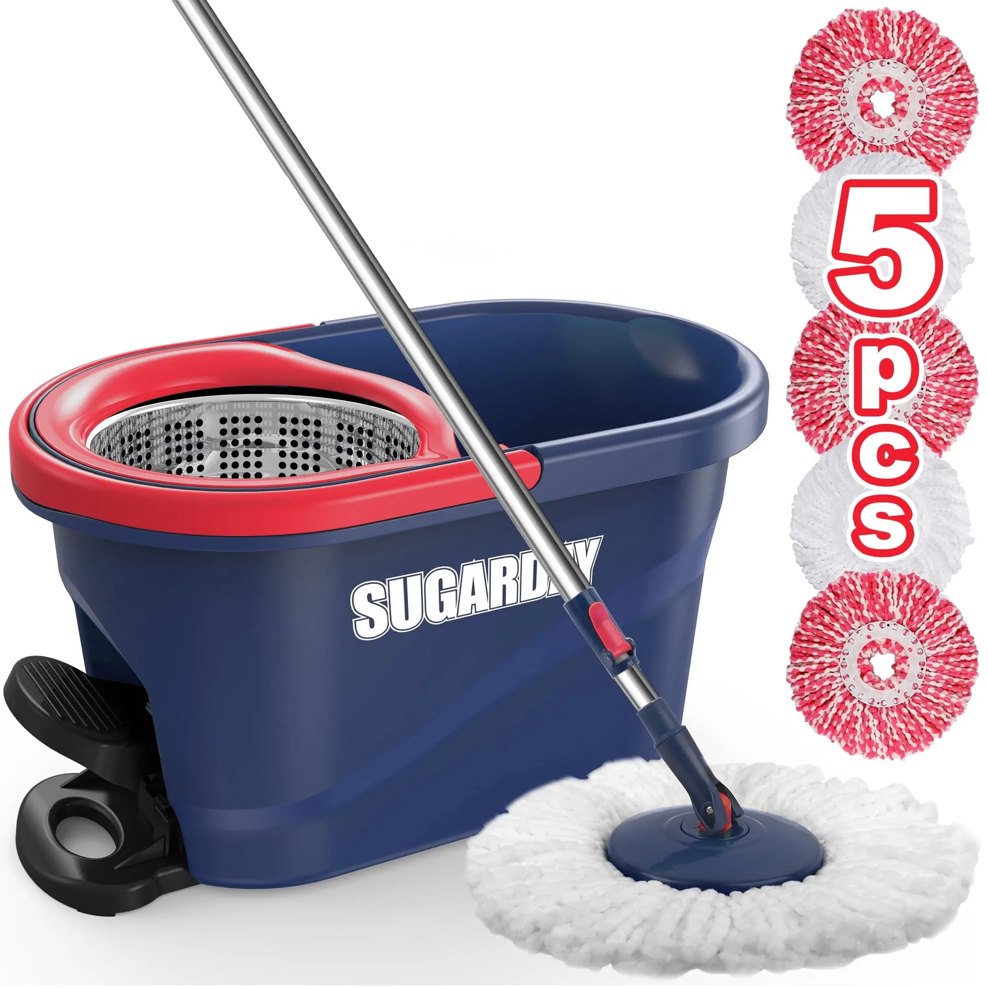 SUGARDAY Electric Spin Mop and Bucket System with Wringer Set for Floor Cleaning, Red