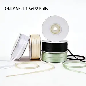1 Set/2 Rolls 3mm Wide Solid Color Satin Ribbon, Double Face Thin Ribbon for Gift Wrapping, Flowers Bouquet, Wedding, Birthday, Black,White,Beige,Sage green