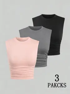 Women's Sleeveless Crop Tops Set of 3 Solid Color Crew Neck Ruched Side Slim Fit Rib Knit Fabric Casual Wear
