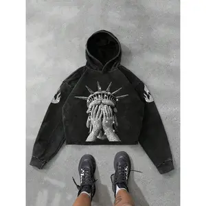 Religious Faith Graphic Hoodie, Heavy Wash Loose Fit Design, Street Style, Autumn Winter Fashion, Freedom Declaration Hooded Sweatshirt