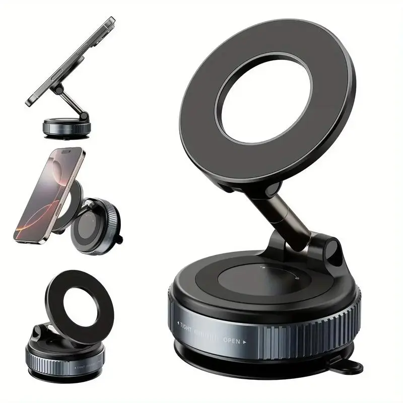 Shockproof Vacuum Suction Magnetic Car Phone Mount, Upgraded Foldable Rotatable Power-Free Holder, Silent Bracket for All iOS & Android Cell Phones ﻿