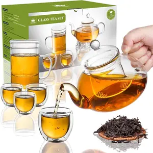 2-IN-1 Glass  Sets for Adults - Includes Glass Teapot and Mug with Infuser, Warmer Base, 4 Double Wall Glass  Cup - for Both Personal and Gathering  Time, Gifts for  Lovers