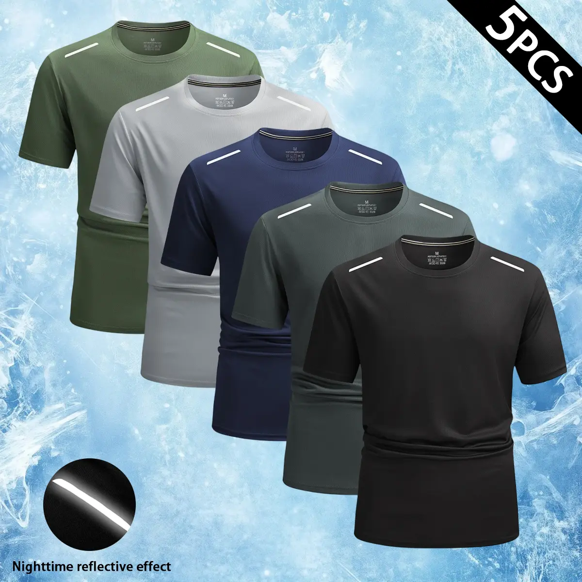 Men's 5-Pack Quick-Dry Reflective T-Shirts - Men's Clothes, Ice Silk Breathable Crew Neck Sweat Wicking Shirts with Nighttime Reflective Strips, Lightweight, Ideal for Night Running, Gym
