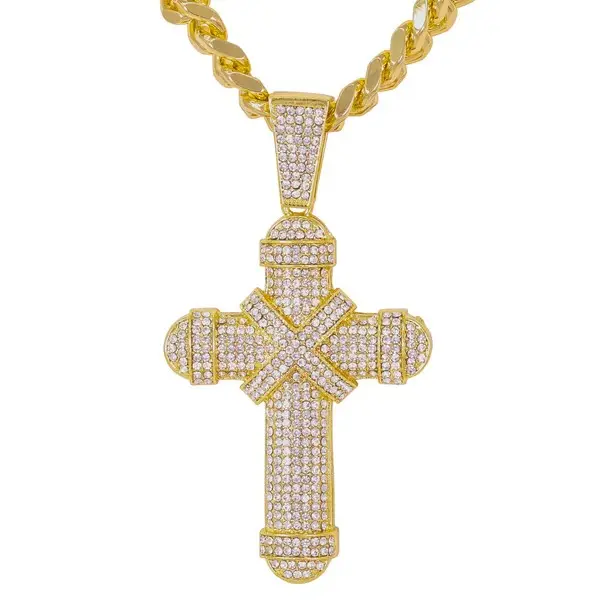 XL Iced Cross Pendant, Matching 9mm Solid Cuban Link Chain Fashion Costume Jewelry Charm