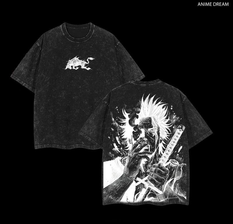Yami Sukehiro x Black Bulls Black Clover Anime Double Printed Vintage Washed Tee Unisex Oversize Heavyweight Cotton T-shirt for Anime Fans and Lovers