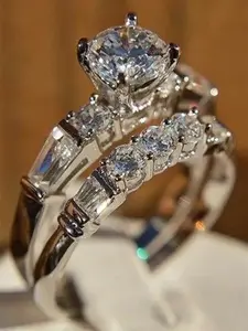 2 Piece Romantic Zircon Ring Set for Women, Stacking Rings, Elegant Wedding Engagement Anniversary Party Jewelry Gift, Copper Chain & Metal Coating