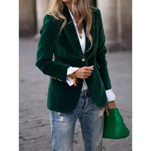 Elegant Women's Green Velvet Blazer - Chic Retro Single-Breasted Jacket with Golden Buttons, and Stretchy Polyester Blend for  Seasons, Versatile Women's Blazer | Retro Chic Jacket | Stretchy Coats Spandex Fabric Womenswear Tops