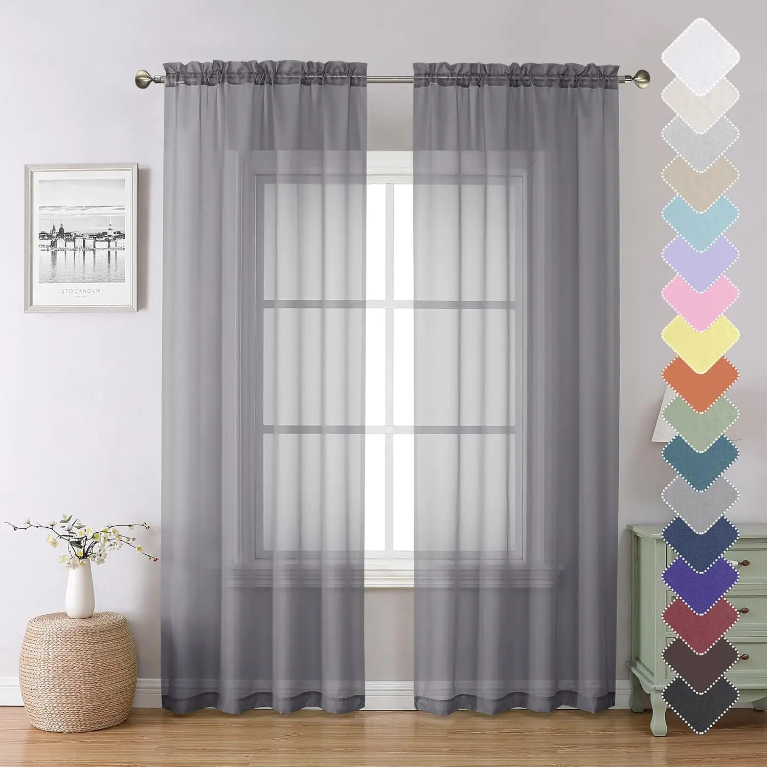 Sheer Curtains 2 Panels, Voile Airy Light Filtering Curtains for Living Room Bedroom, Dual Rod Pocket Sheer Window Treatments Drapes