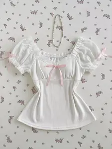 Elegant Cute Girl Summer Top, Solid Color Lace Patchwork Bow Tie Slim Fit Short Sleeve, Women's Fashion Clothing for Warm Weather