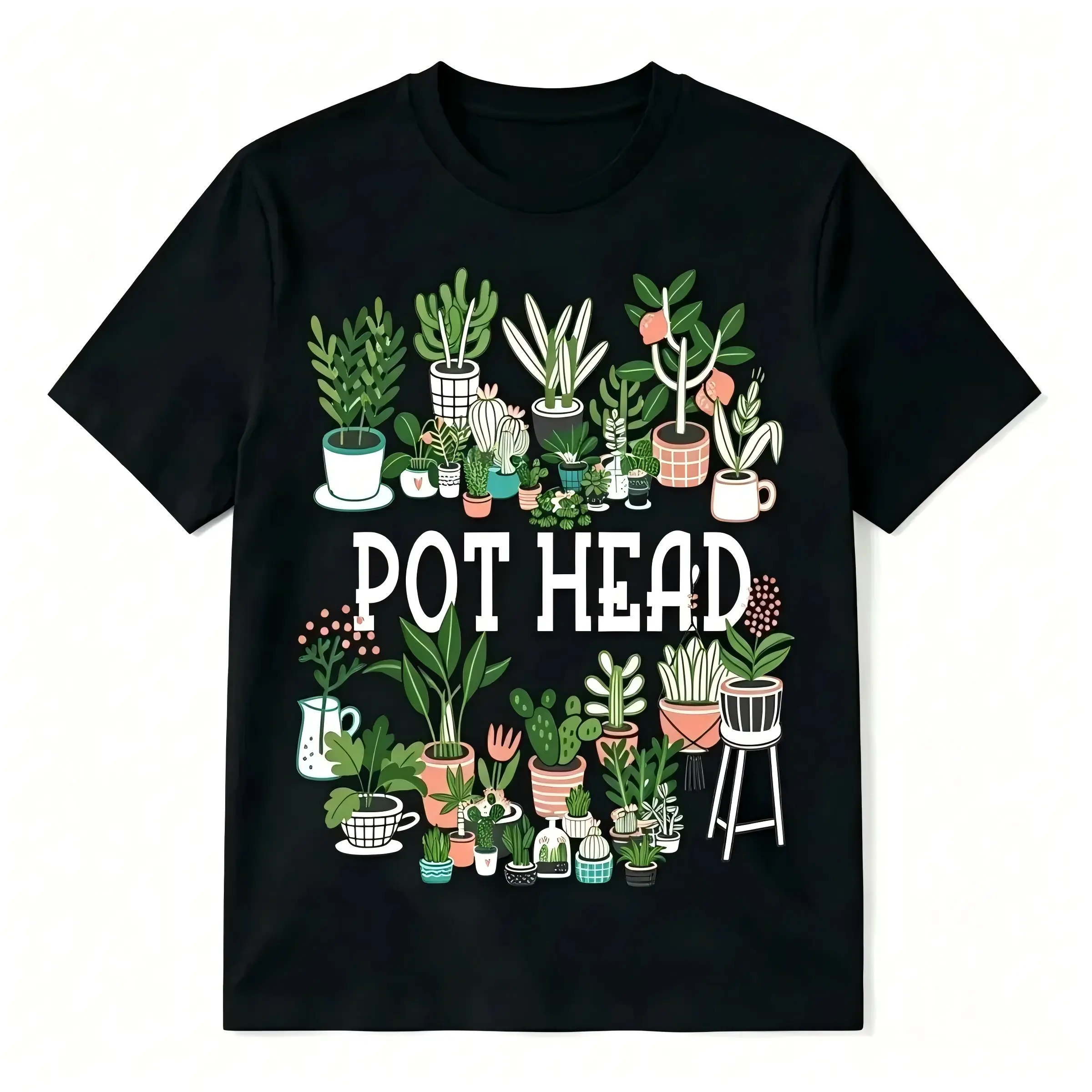 Men's/Women's Breathable Comfortable Soft Cotton Round Neck Short-Sleeve Sports Top - Pot Head Succulent Prints, Ideal for Plant Lovers with Unique Style & Fit, Shortsleeve, Tshirt, Unisex, Day, Plants, Cotton Fabric, Loose Fit