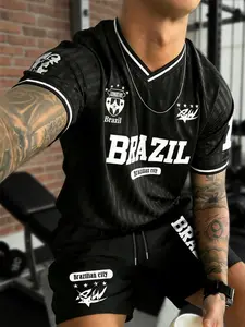 Men's Brazil Theme Sports T-Shirt Shorts Set, Striped Football Jersey with Brazilian Logo, Casual Sportswear for Soccer Fans, Soccer Jerseys