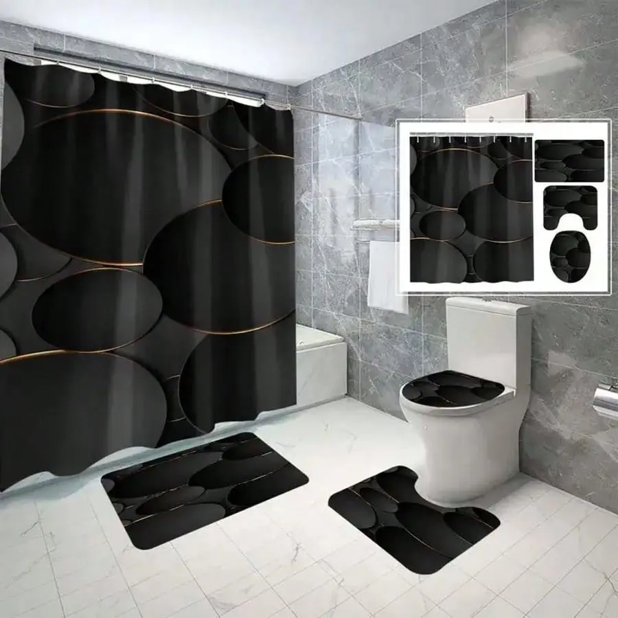 Retro Vintage Black & Gold Geometric 4-Piece Bathroom Set - Fabric Shower Curtain (Flannel-Waterproof Polyester), 1 Rug, 12 Plastic Hooks, Floral Cartoon Theme, Hand Wash Only, Home Bath Accessories for Bedrooms & Guest Rooms