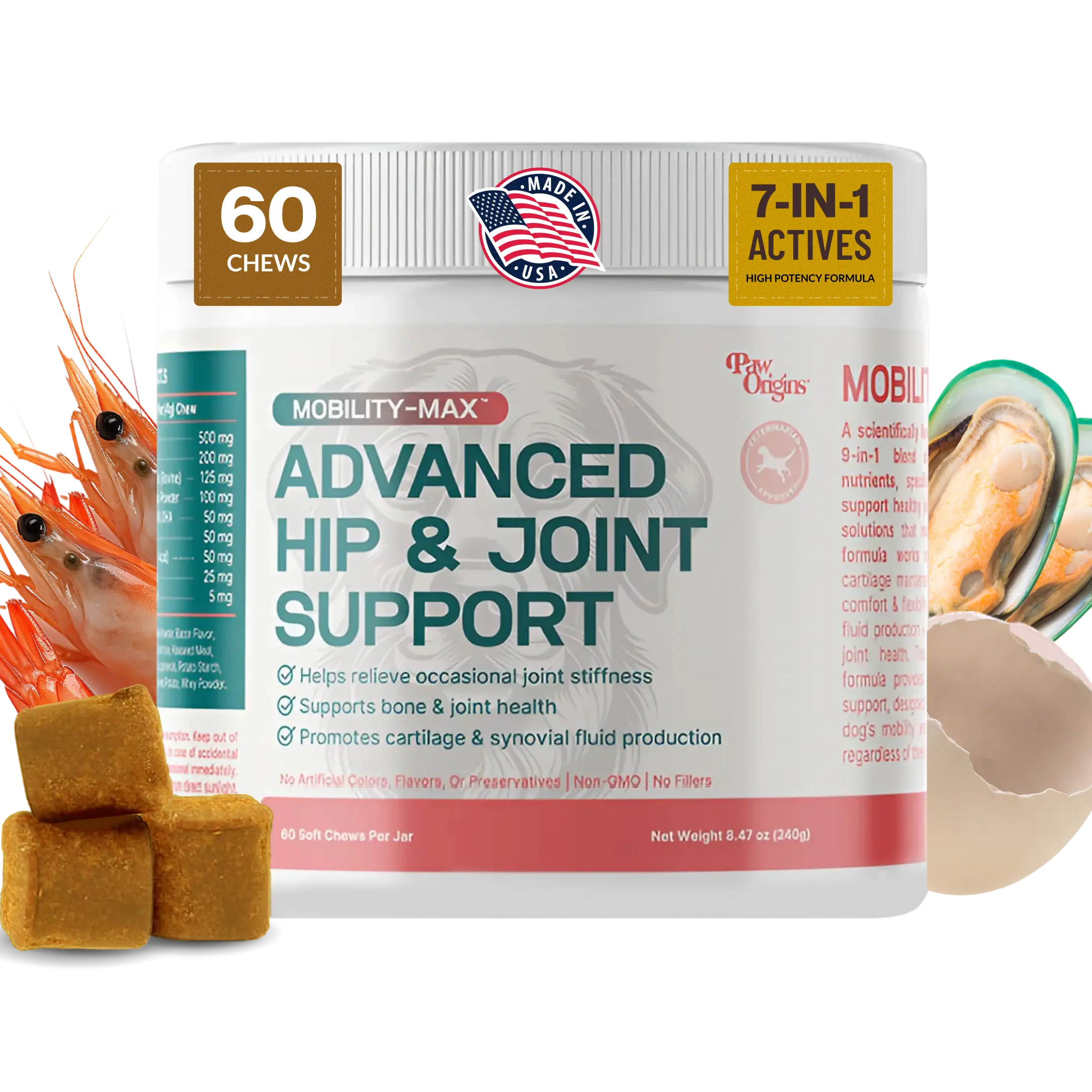 Paw Origins Mobility-Max Advanced Hip & Joint Support Chews for Dogs - 9-in-1 Blend of Joint-Supporting Nutrients for Cartilage Erosion and Joint Health - 24 Months Supply
