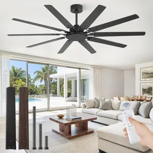 65 Inch Large Ceiling Fan Without Light, Modern Indoor/Outdoor Ceiling Fans No Light with Remote,6-Speed Reversible Quiet DC , 10  for Bedroom,Living Room,Patio,Garage(Black)