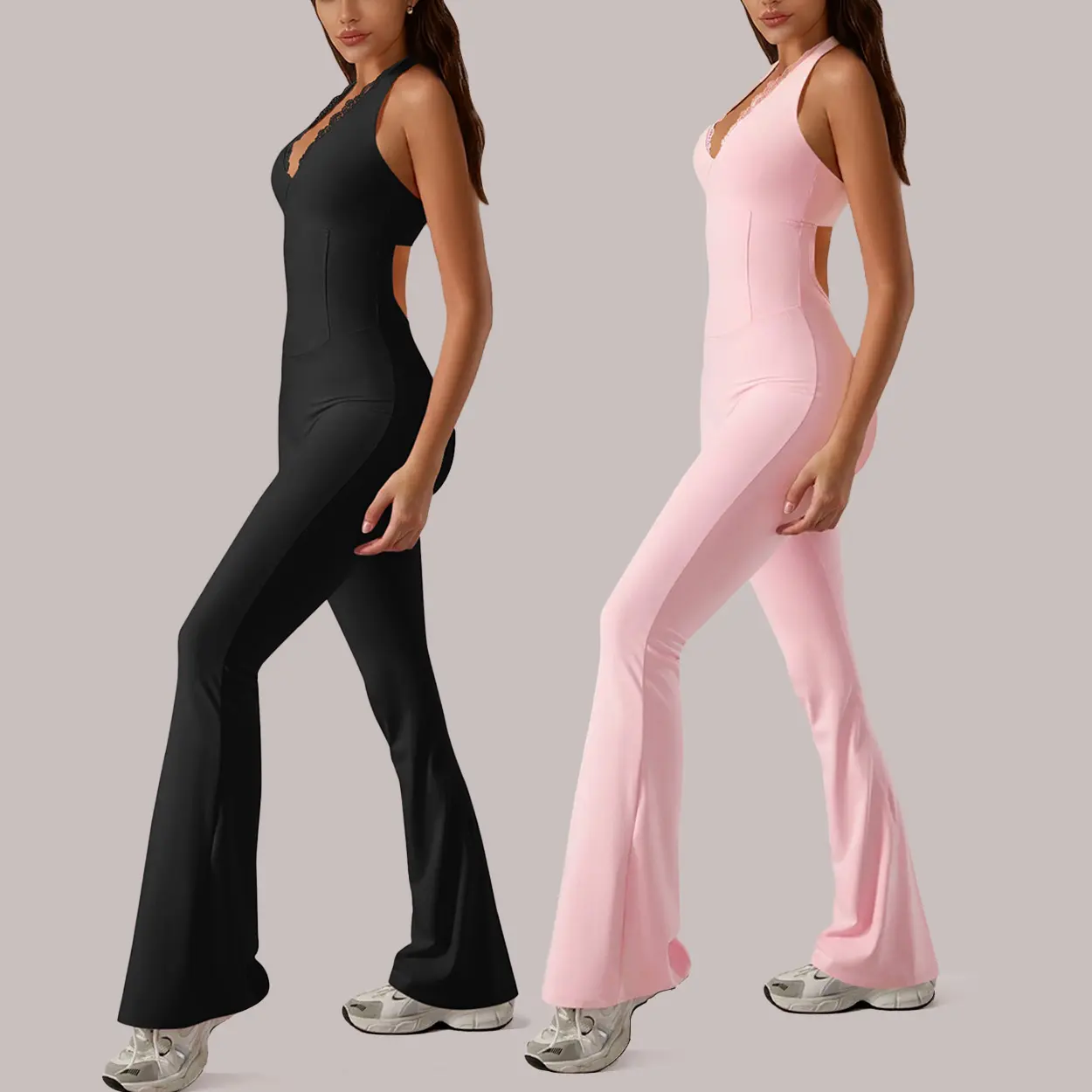 Women's 1-Piece Yoga Workout Jumpsuit, Halter V-Neck Bodycon with Lace Trim and Cutout Back, Stretch Tummy Control Flare Leg, Yoga Workout Jumpsuits, Jumpsuits For Women