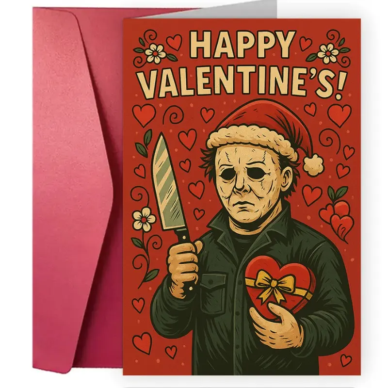 1pc Elegant horror theme Valentine's Day card | featuring a festive Santa hat, a heart-shaped gift, and a knife | perfect for horror movie fans those who express love unconventionally