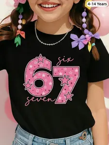 Young Girl's 67 Pink Stars Number Six Seven, Funny Couples Six Seven Shirt, Black Round Neck Letter Print T-Shirts, Machine Washable, Tween Girls Clothing,Cute,Vibrant, Soft Breathable Kids Clothes, Funny Birthday Shirt