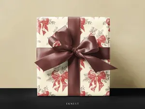Christmas Toile Coquette Ribbon Bow Wrapping Paper, Vintage Red Beige, Xmas Holiday Gift Wrap, Classic Art Paper, Wrap Paper