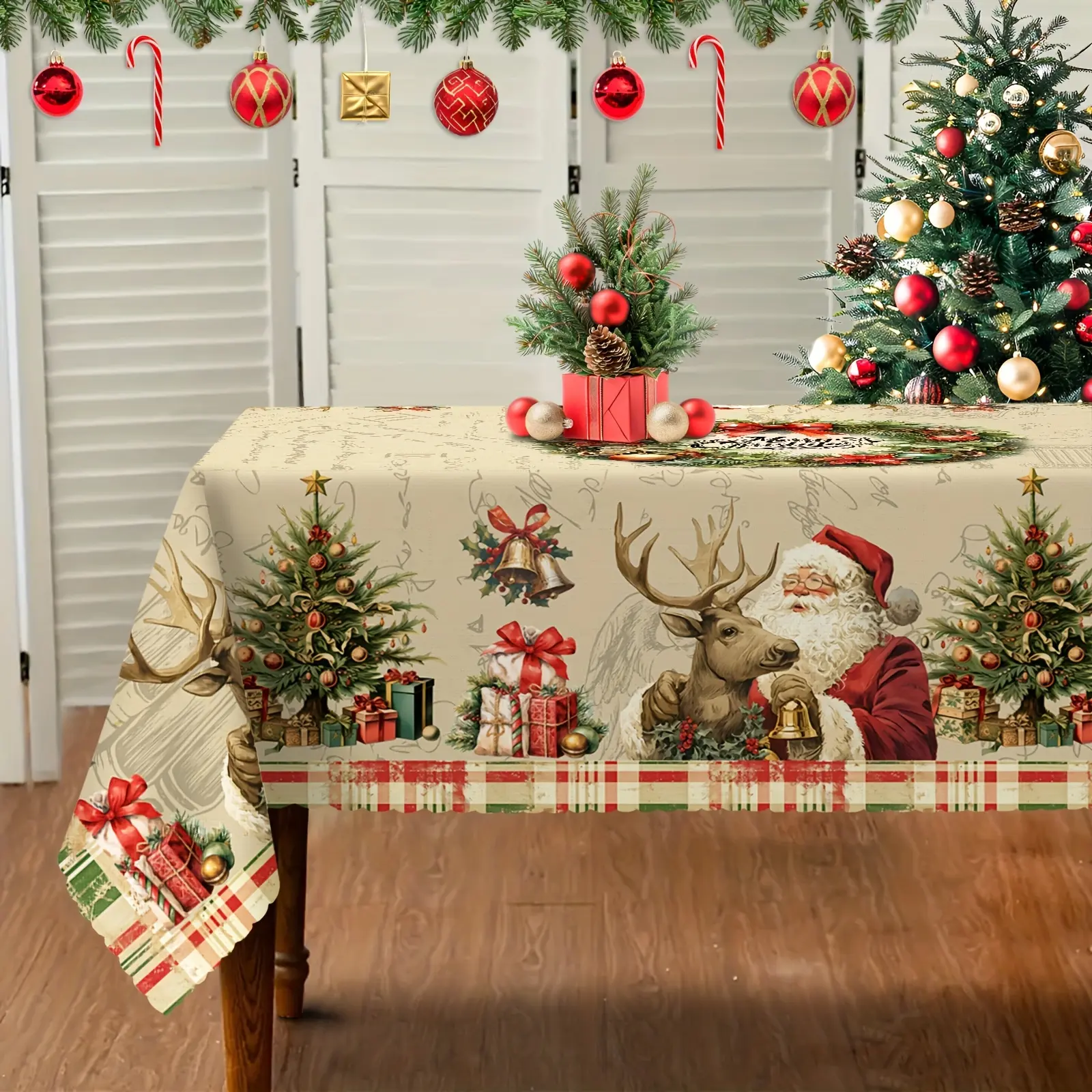 1pc Christmas Tablecloth, Vintage Santa Reindeer Tablecloth, Christmas Wreath Bell Tablecloth, Winter Tablecloth, Round Rectangular Tablecloth, Suitable for Theme Party, Home Decoration, Suitable for Indoor&Outdoor Use
