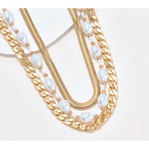 Susan Graver Three Row Chain and Simulated Pearl Necklace