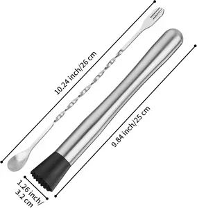 Muddler for Cocktails, 10" Muddler and Long Handle Bar Cocktail Mixing Spoon, Stainless Steel Stirrer, Bar Accessories Tools for Mojitos Fruit Drinks