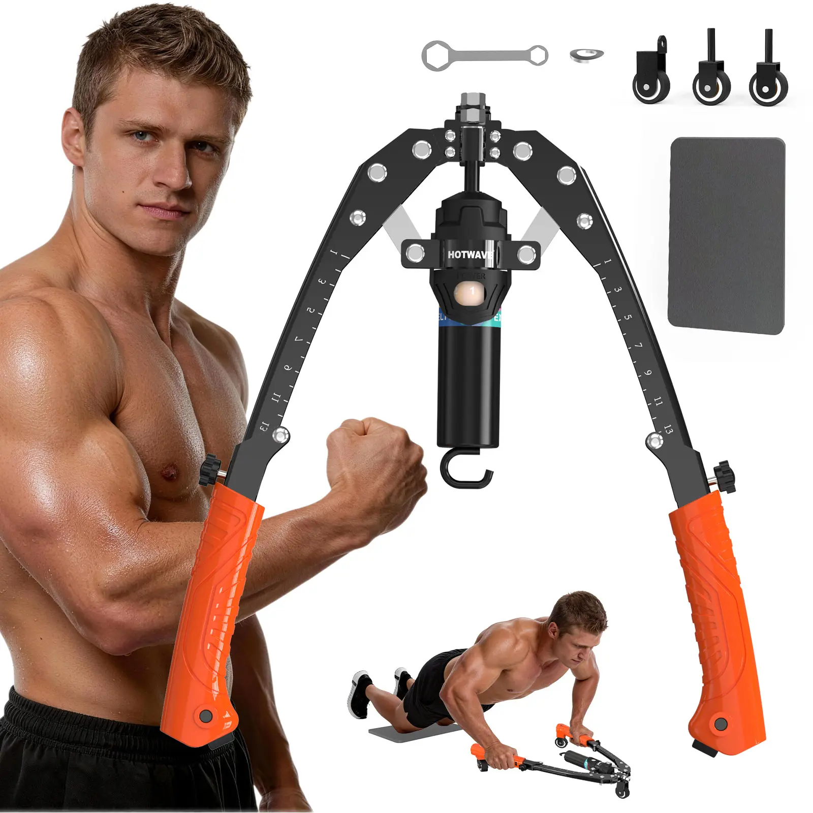 HOTWAVE Hydraulic Arm Trainer with Ab Roller Mode, Adjustable Manual Chest Expander with 15 Levels up to 440 LBS for Resistance Work & Core Exercises