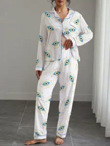 Women's Autumn Winter Pajama Set, Eye Pattern Printed Shirt Collar Button Long Sleeve Fitted Top & Elastic Pants, Soft Stretchy Fabric Loungewear