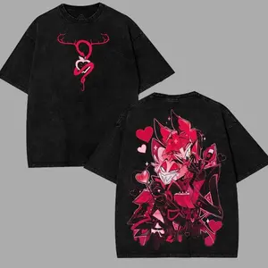 Lucifer x Alastor Hazbin Hotel T-Shirt Two Sided Graphic Tee, Cotton Unisex Anime Cartoon Character Shirt for Fans