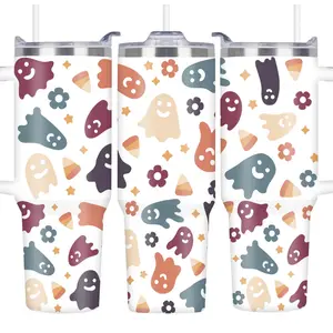 Halloween Ghost Pattern Tumbler, 40oz/1100ML Stainless Steel Water Bottle with Straw, Double Wall Water Cup for Home Office School, Drinkware