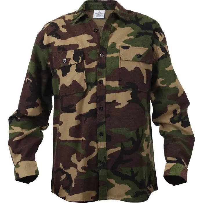 Men's Woodland Camouflage-Checkerboard Buffalo Plaid Extra Heavyweight Brawny Flannel Shirt, Menswear Long Sleeve Casual Fabric Top, Outdoor, Traditional, Pockets, Classic, Cotton, Collared, 2 Breast Pockets