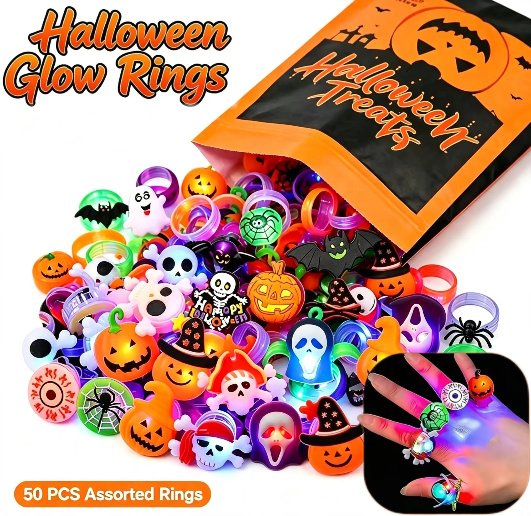 50-Pack LED Glowing Pumpkin Skull Party Rings, Festive Gift & Decoration for Halloween, Christmas  Light Up Toy Rings for Goody Bags,Mini Spooky Gifts