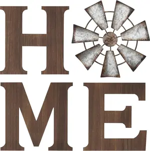 Farmhouse Wall Decor Wooden  Sign with Metal Windmill for O Rustic Hanging Letters Decorative Art Signs Living Room Kitchen Bedroom Entryway House, Brown