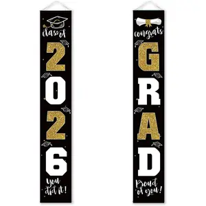 Graduation Decorations 2026 Banner Porch Sign Black Gold for Class of 2026 Graduates Party Supplies