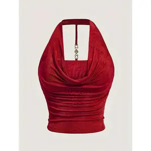[Plus Size Halter Top] Plus Size - Solid Color Halter Neck Top with Metal Chain - Elegant Attire in Fiery Red - Perfect for Romantic Occasions - Plus Size - Plus Size