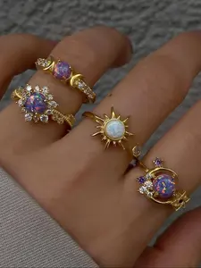 Elegant Fashion Artificial Gemstone Ring Set, Sun Moon Rhinestone Luxury High-End Geometric Finger Rings for Women, Stackable Rings