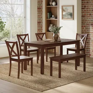 AMERLIFE 6-Piece Farmhouse Dining Table Set, 59" Wooden Table with 4 Chairs & Bench, Kitchen & Dining Room Set for 6, Space-Saving Rustic Dining Set