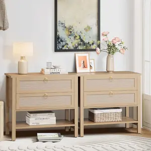 Garvee Large Rattan Night Stand Set of 2, Boho Woven Bedside Tables with Drawers Storage Shelf, Mid Century Modern Nightstand, Wood Large Bedside Table for Bedroom Living Room, Light Oak