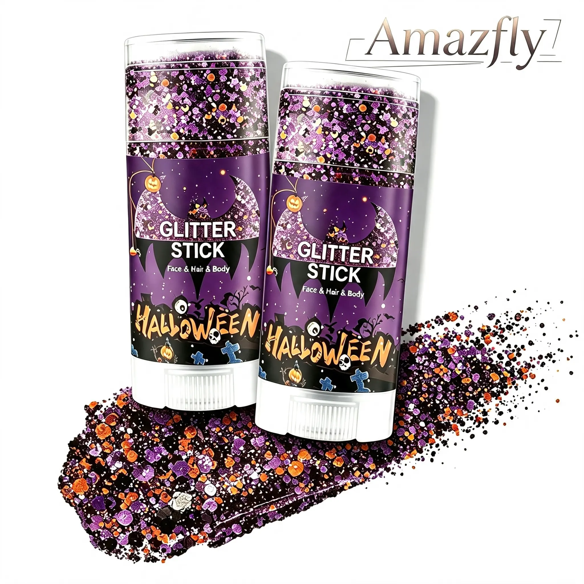 Halloween Body Glitter Stick - Mess-Free Face & Hair Chunky Glitter Gel, Waterproof Orange Purple Black Pumpkin Bat Skeleton Sequin Glitter Paint for Festival Carnival Makeup, Kids & Women
