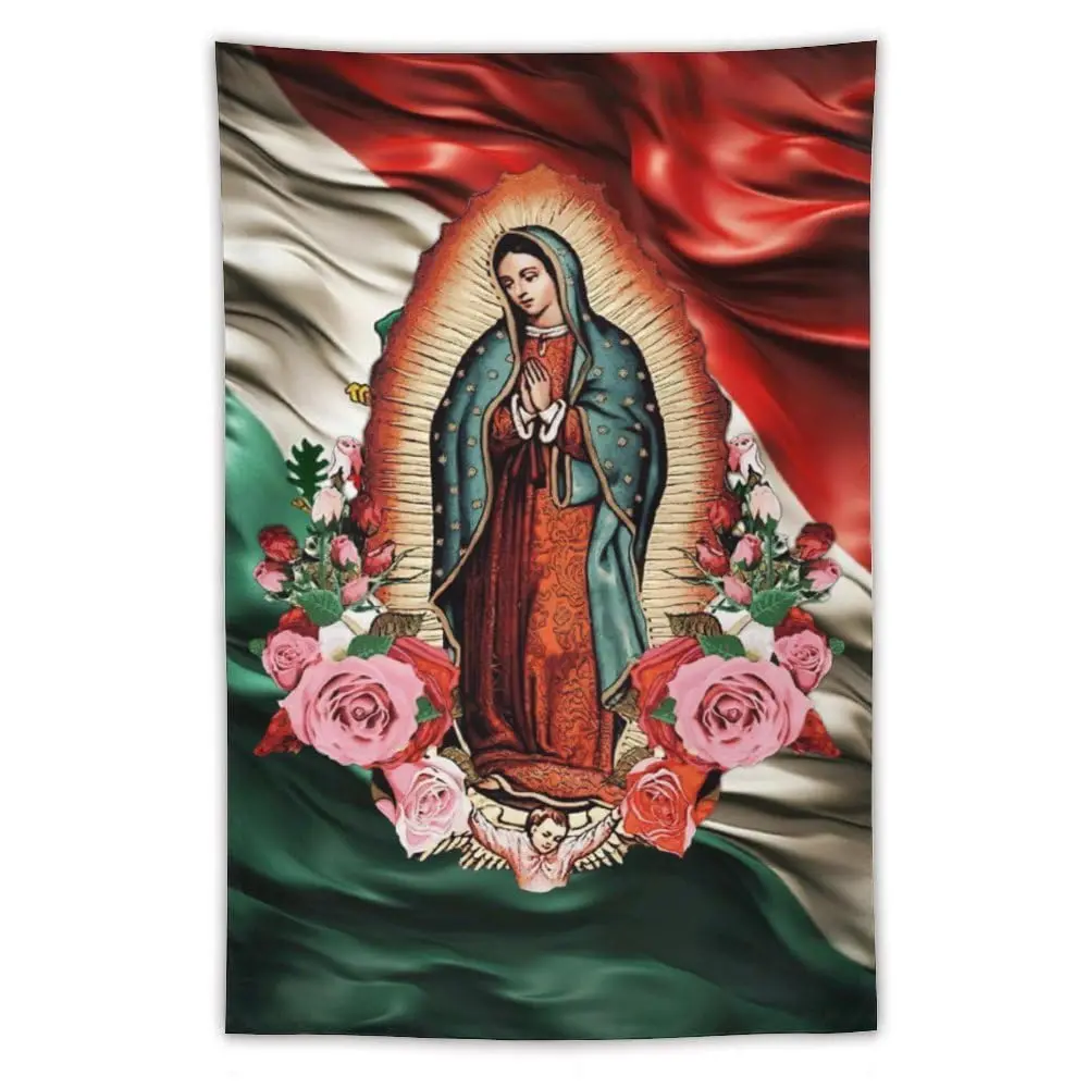 Our Lady of Guadalupe Hanging Wall Tapestry - Lightweight Polyester Fabric Artwork, Virgin Mary & Mexican Flag Unity Motif, Vibrant Catholic Spiritual Decor, Gift-Ready Meaning for Religious Milestones