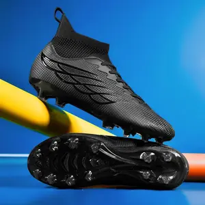 1 Pair Men’s Professional Soccer Cleats, High-Top AG Stud Football Boots, Breathable Faux Upper, Non-Slip TPU Sole, Fabric Lining, Striped Sports Style, All-Season Outdoor Training Shoes, Classic Black