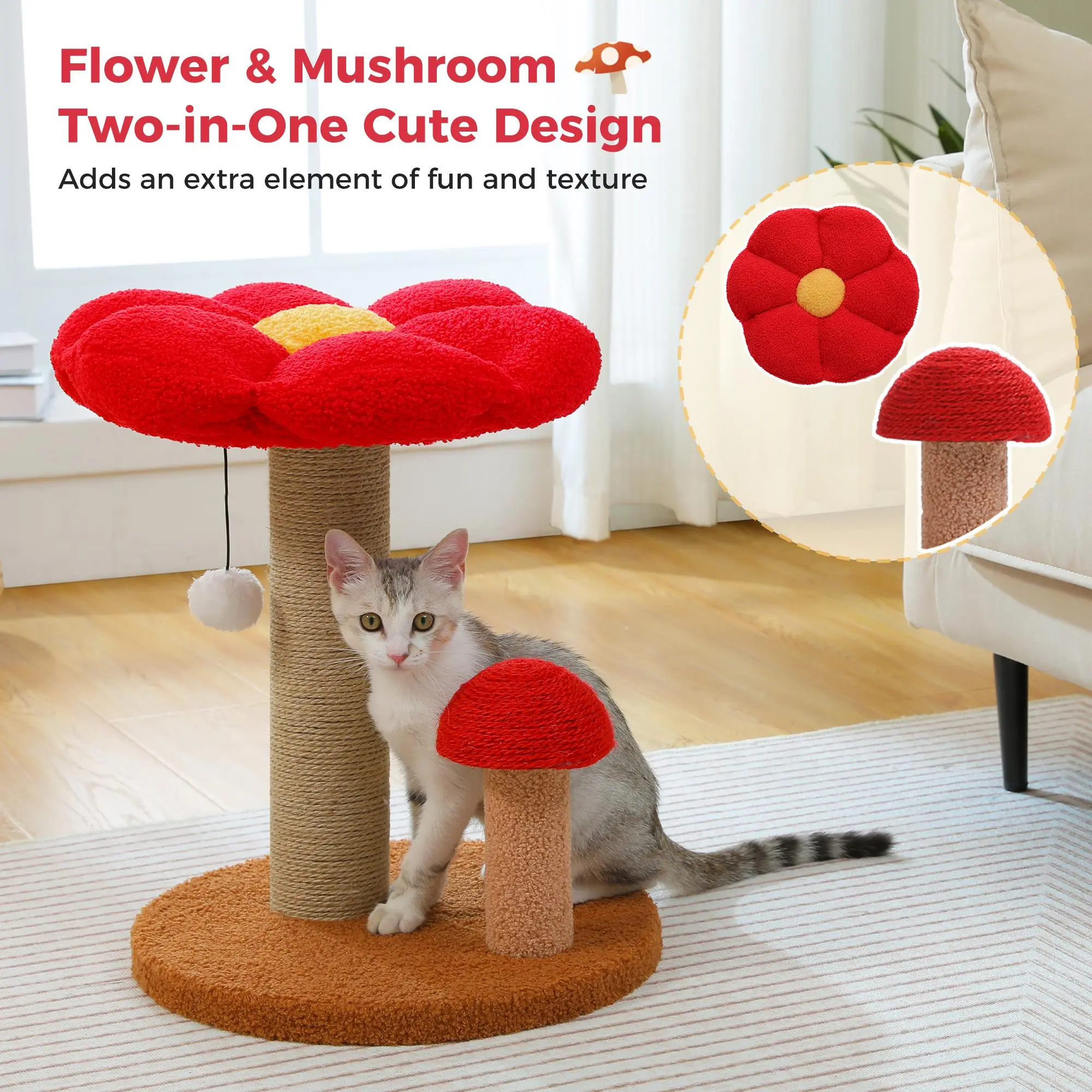 Cute Cat Scratching Posts with Removable Flower, Interactive Toy Ball, Cute Mushroom Cat Scratcher for Indoor Cat Toys