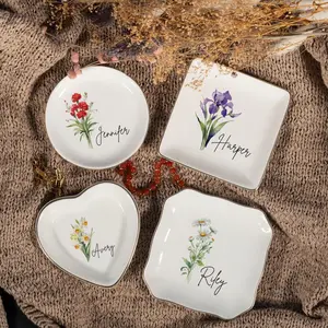 Personalized Birth Flower Trinket Dish, Custom Watercolor Flower Ring Dish, Wedding Bridesmaid Gift, Birthday Jewelry Dish,Mothers Day Gifts