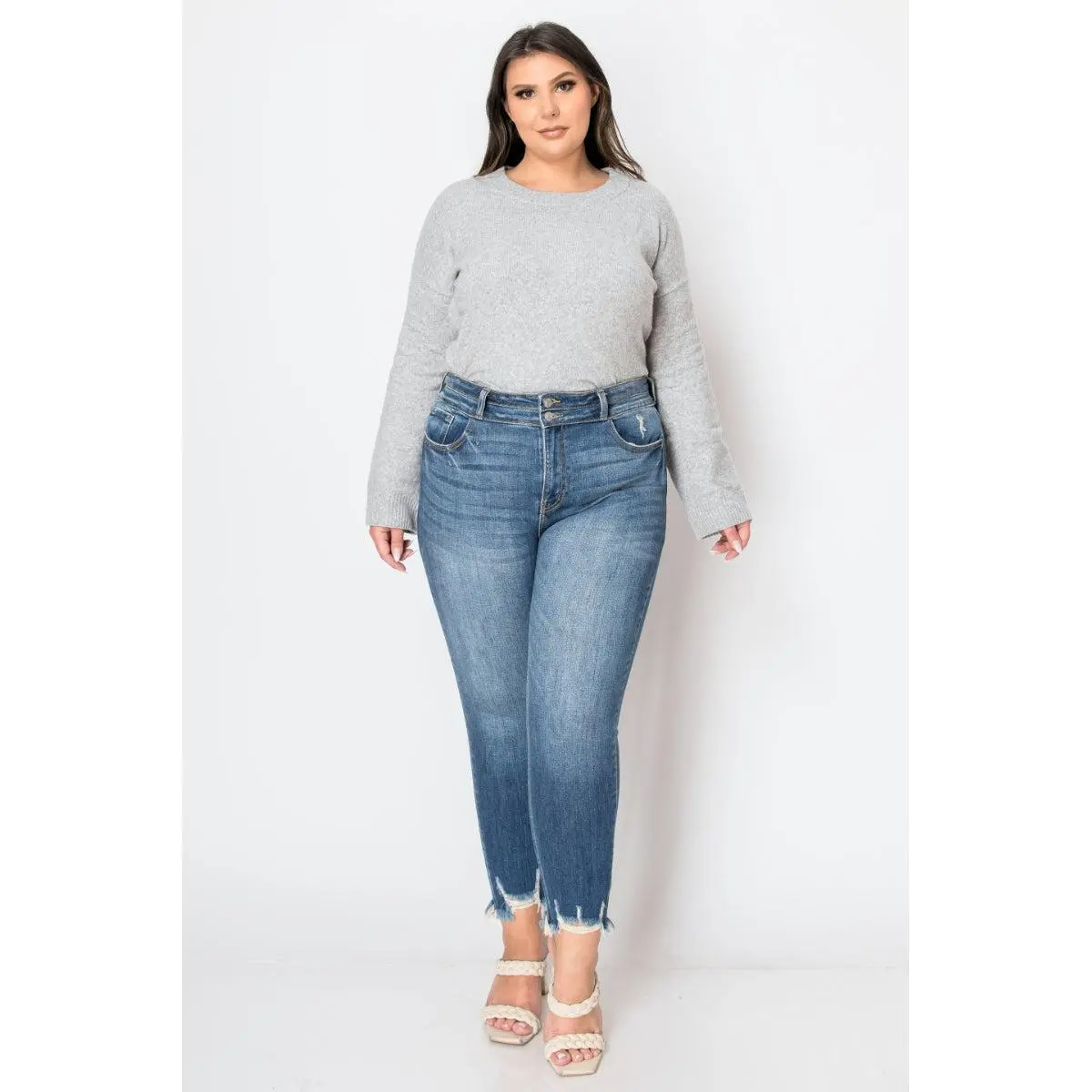 Plus Corset Madeline Ultra High Rise Double Waistband Ankle Skinny with Hem Distress Jeans