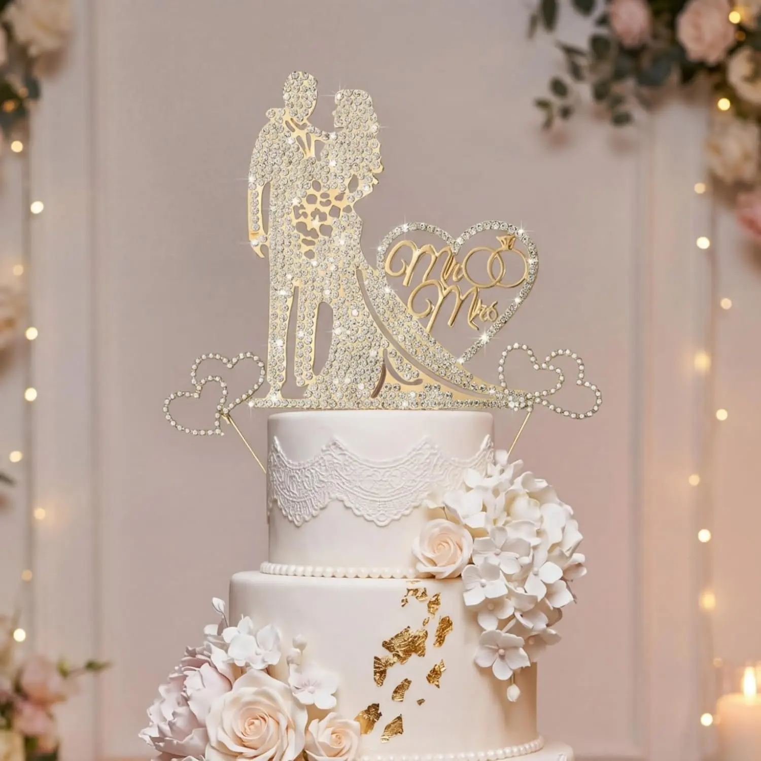 3-Pack Gold Crystal Metal Mr & Mrs Wedding Cake Toppers, 5.91x0.63" Rhinestone Sparkle Shine Souvenir Decorations for Engagement, Bridal Shower